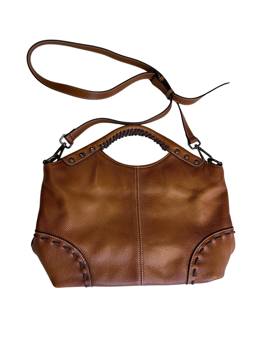 Heshe Genuine Leather Brown Pebbled Hobo Shoulder Bag Convertible Crossbody